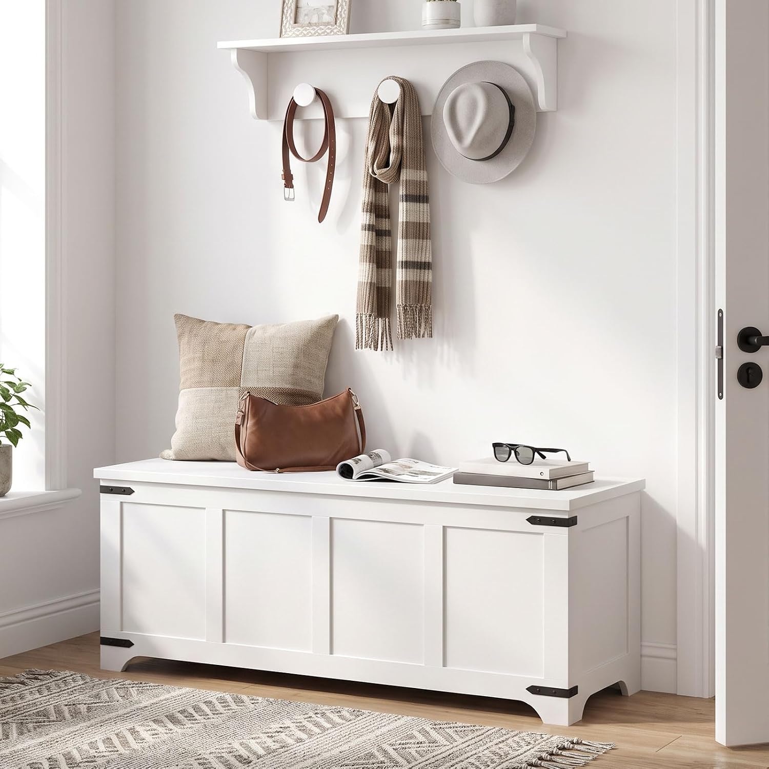 MAHANCRIS 47.2" Storage Chest Extra Large, Wooden Storage Bench with 2 Safety Hinges, Entryway Shoe Bench, 47.2x15.7x19.7 Inch, Easy Assembly, Storage Trunk for Living Room, Bedroom, White SCBW4901