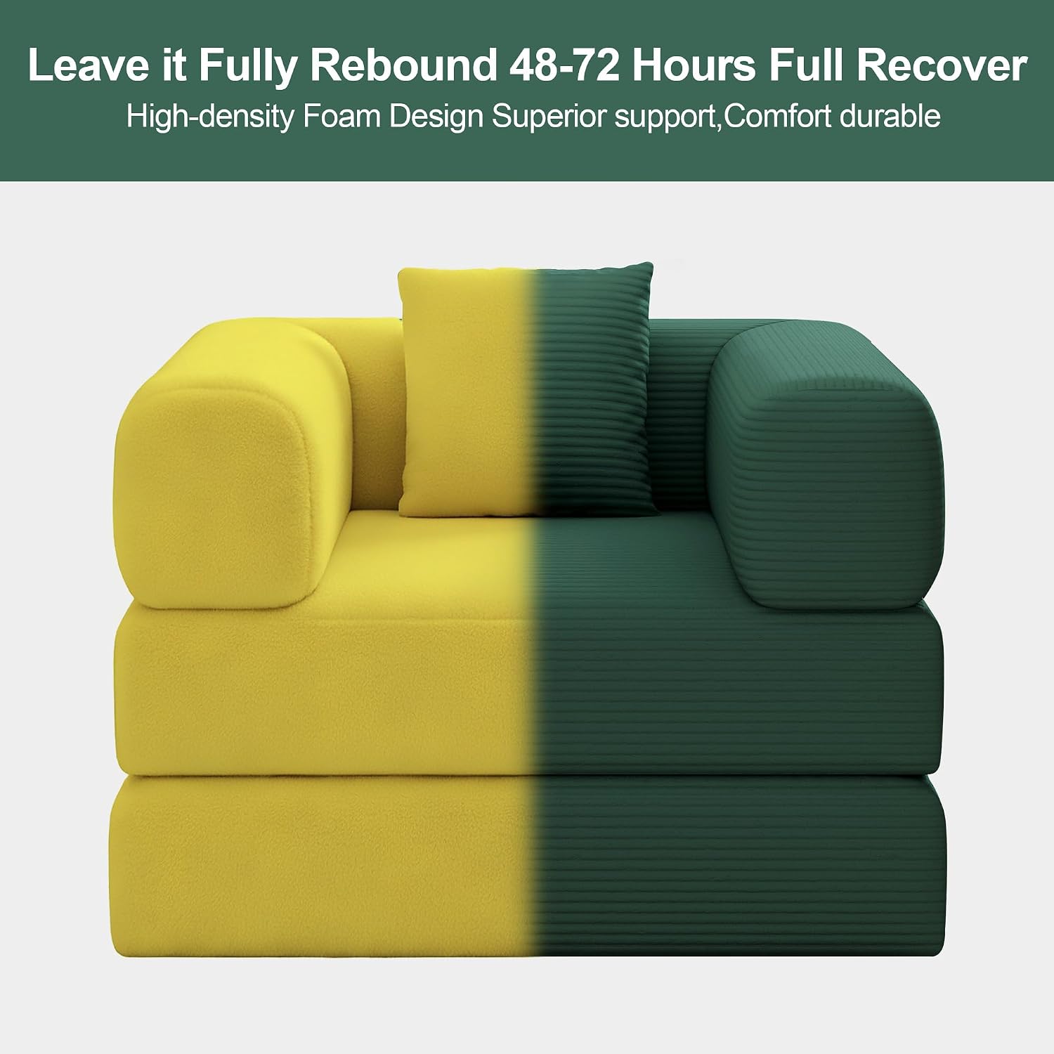 Single Couch Sofa for Small Spaces, 2-in-1 Single Sofa with Soft Corduroy Foldable Chair Lounger Sleeper Sofas for Small Apartment, Living Room, Home Office (Green, 35.43" Single Sofa)