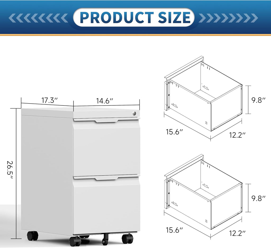 2 Drawer File Cabinet with Lock,Filing Cabinet for Home Office,Small Rolling for Legal/Letter/A4 File,Mobile Cabinets on Wheels Under Desk -White