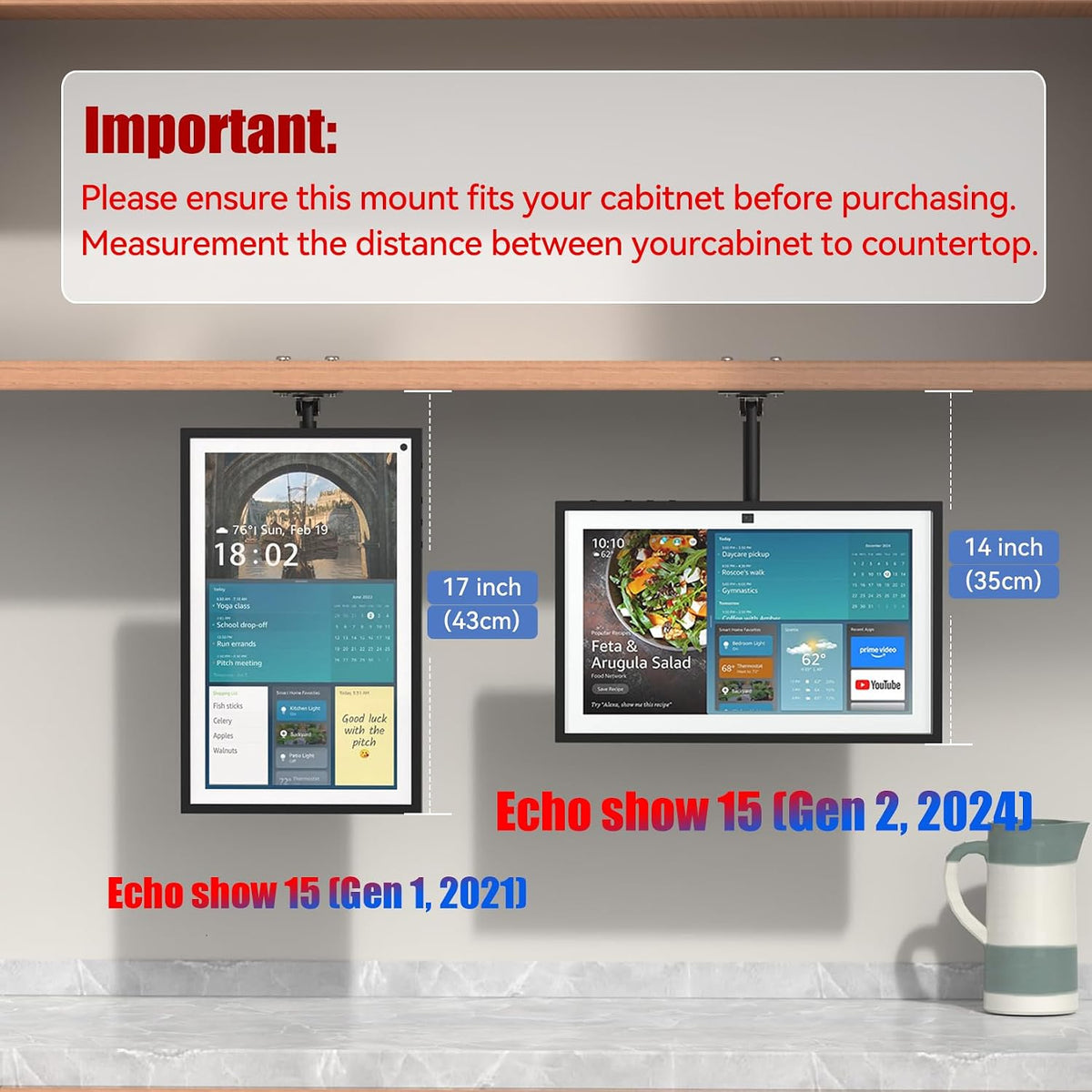 Under Cabinet Mount for Echo Show 15, Height Adjustable | Aluminum, Height Adjustable, Swivel Left to Right, Up and Down Tilt, 360° Rotation, Also Fits Show 21, Black