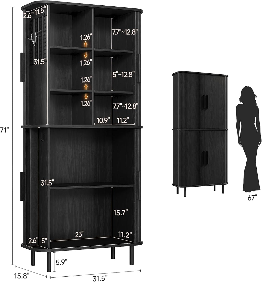 71" Tall Fluted Pantry Cabinet, Mid-Century Modern Kitchen Pantry Storage Cabinet with 2 Pegboards, 10 Hooks, Freestanding Cupboard with 4 Adjustable Shelves, Sliding Doors (Black)