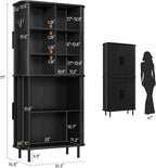 71" Tall Fluted Pantry Cabinet, Mid-Century Modern Kitchen Pantry Storage Cabinet with 2 Pegboards, 10 Hooks, Freestanding Cupboard with 4 Adjustable Shelves, Sliding Doors (Black)