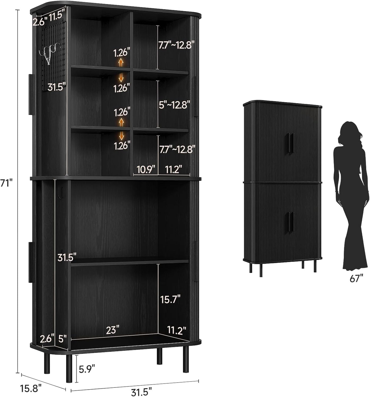 71" Tall Fluted Pantry Cabinet, Mid-Century Modern Kitchen Pantry Storage Cabinet with 2 Pegboards, 10 Hooks, Freestanding Cupboard with 4 Adjustable Shelves, Sliding Doors (Black)