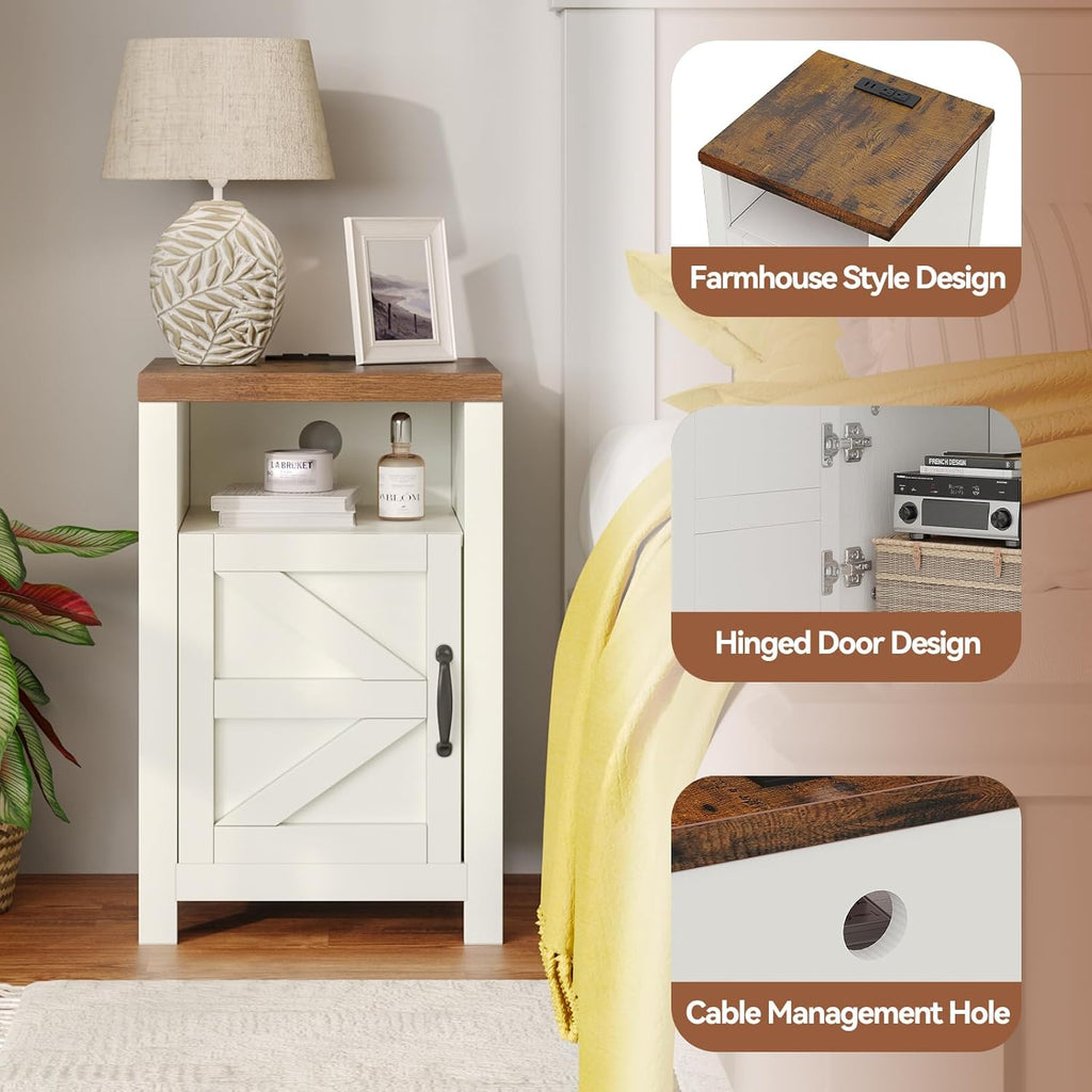 MXV Farmhouse Nightstands with Charging Station, End Tables Set of 2 with Barn Door, Sofa Side Table with Storage Space for Bedroom, Living Room (White)