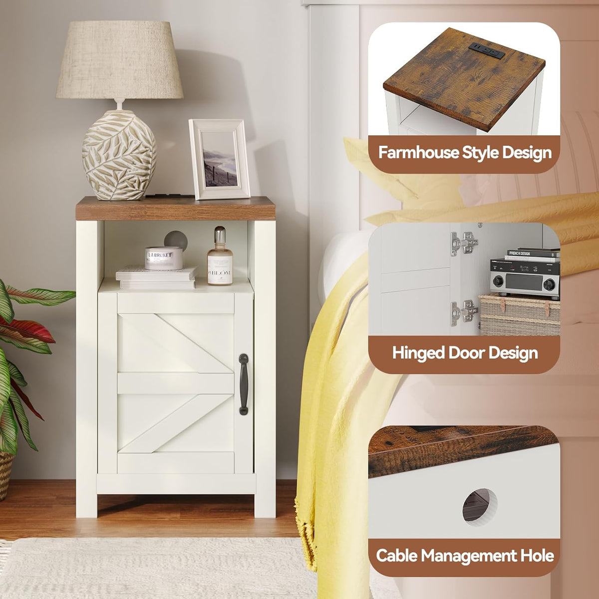 MXV Farmhouse Nightstands with Charging Station, End Tables Set of 2 with Barn Door, Sofa Side Table with Storage Space for Bedroom, Living Room (White)