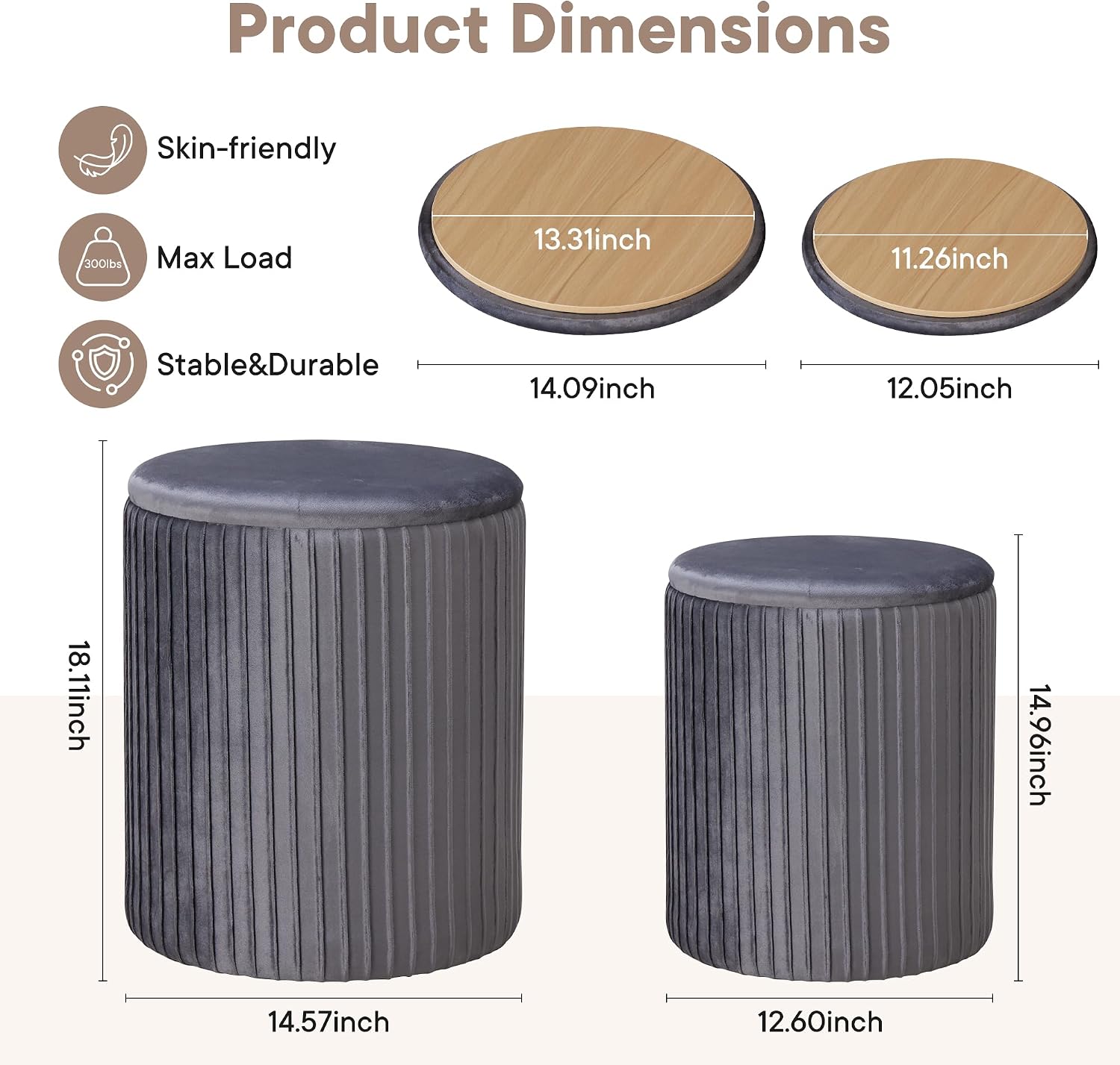DUMOS Round Ottomans with Storage Set of 2, Vanity Stool, Foot Stool | 14.57"D x 18.11"H and 12.60"D x 14.96"H, Velvet Sturdy Ottoman for Living Room, Bedroom, Dorm, Small Apartment, Black
