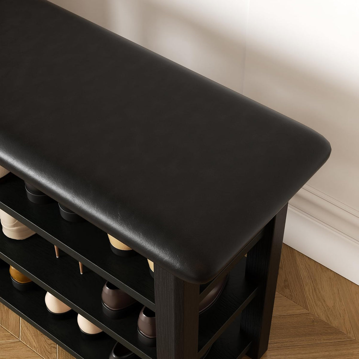 Shoe Rack Bench with Leather Cushion 3-Tier Shoe Rack Organizer for Entryway Hallway or Living Room Farmhouse Rustic Wooden Seat Bench Black 11.8" Dx31.5 Wx20.4 H