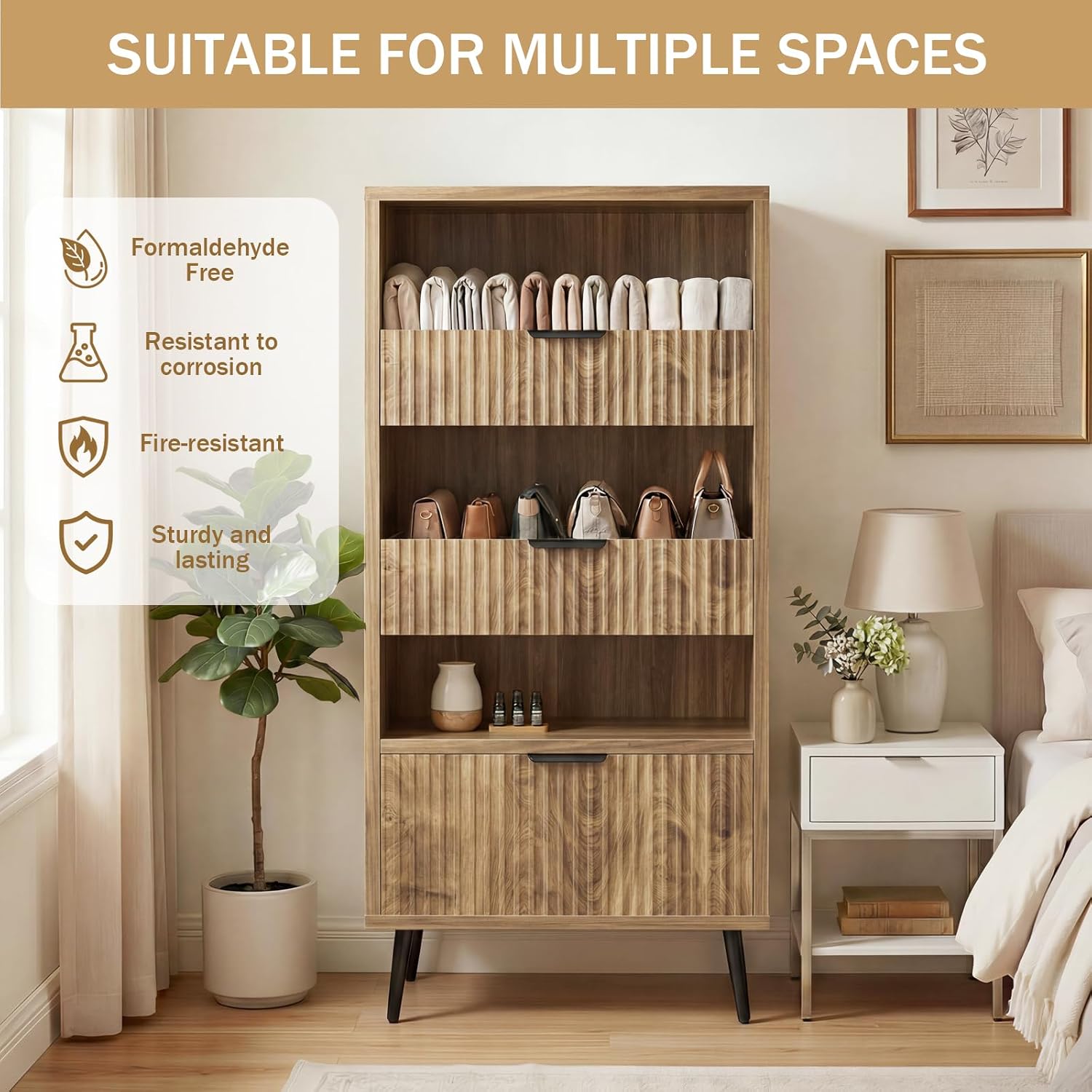 Bathroom Storage Cabinet Set of 2, 47.2" Wide 5-Tier Freestanding Pantry Cabinet with 6 Extra-Large Drawers & 2 Open Shelves, Fluted Floor Organizer Cupboard for Kitchen, Living Room, Yellow Oak