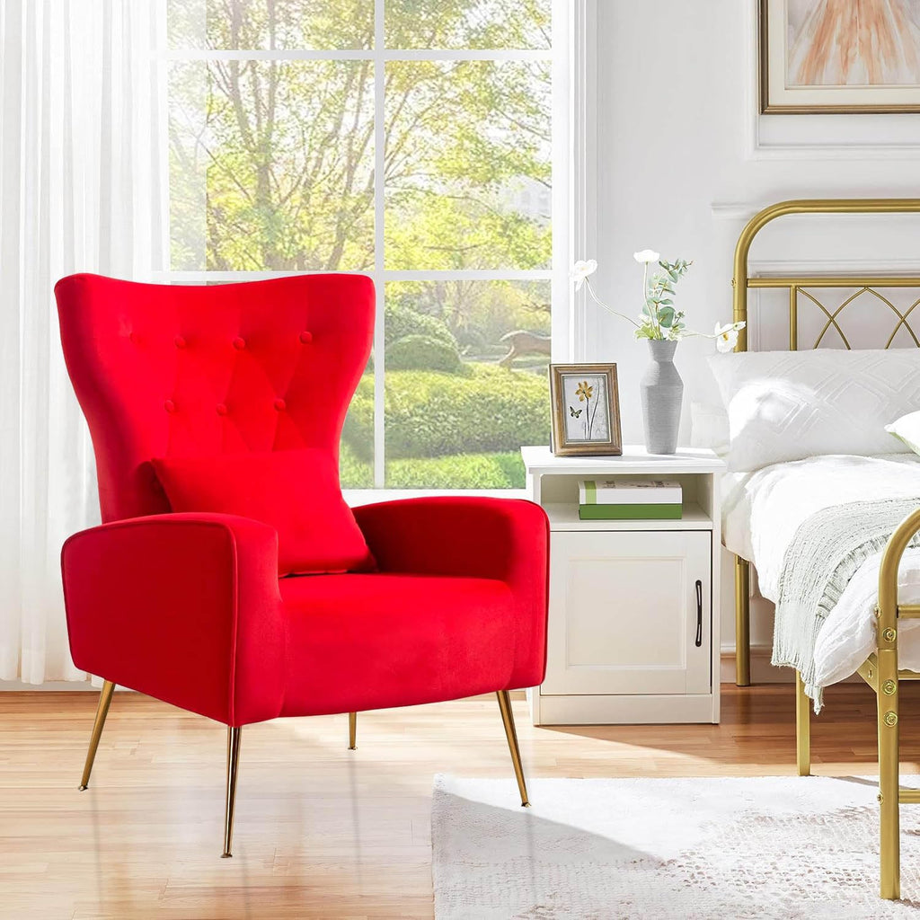 Velvet Accent Arm Chairs Set of 2, Mid-Century Modern Living Room Chair, Wingback Bedroom Side Chair with Gold Legs & Pillow, Button-Tufted, Red