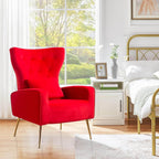 Velvet Accent Arm Chairs Set of 2, Mid-Century Modern Living Room Chair, Wingback Bedroom Side Chair with Gold Legs & Pillow, Button-Tufted, Red