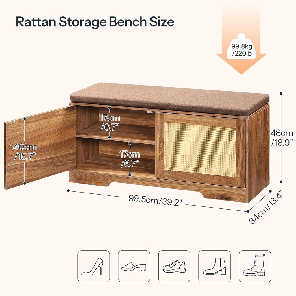 HOOBRO Faux Rattan Shoe Storage Bench with Cushion, Boho Entryway Bench with 2 Doors and Adjustable Shelves, Pet-Proof Hidden Shoe Cabinet for Hallway, Living Room, 39.2" L, Natural, CE53HX01