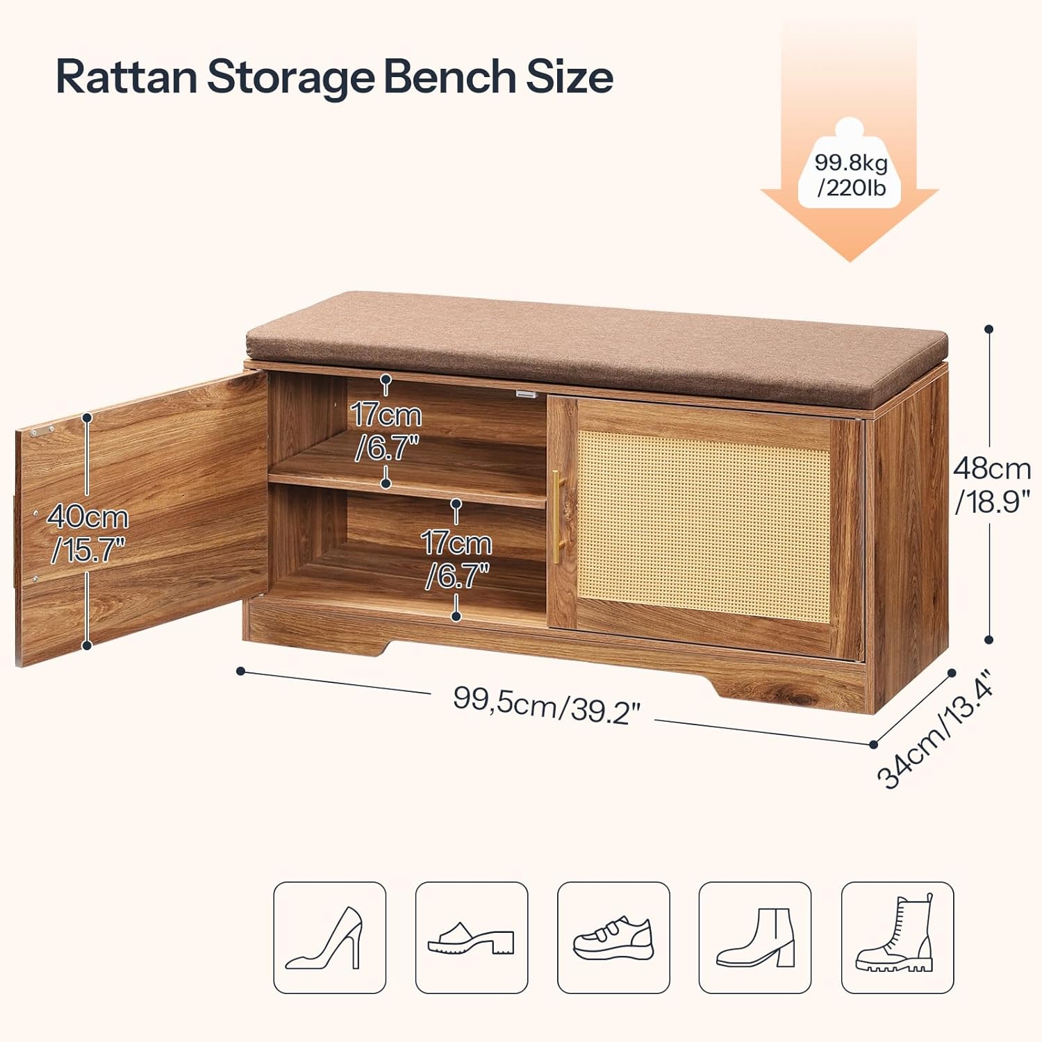 HOOBRO Faux Rattan Shoe Storage Bench with Cushion, Boho Entryway Bench with 2 Doors and Adjustable Shelves, Pet-Proof Hidden Shoe Cabinet for Hallway, Living Room, 39.2" L, Natural, CE53HX01