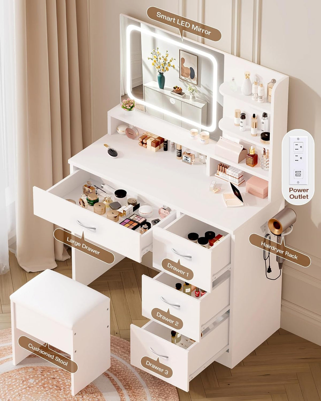 LIVELYGLOW White Makeup Vanity Desk with Charging Station & 4 Drawers | Smart LED Mirror, Cushioned-Stool, Hairdryer Rack