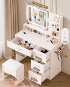 LIVELYGLOW White Makeup Vanity Desk with Charging Station & 4 Drawers | Smart LED Mirror, Cushioned-Stool, Hairdryer Rack