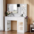 VINGLI Vanity Desk with Sliding Mirror and Lights, Glass Top Makeup Vanity Table w/Glass Cabinets w/Hidden Jewelry Storage & Power Outlets & Hairdryer Holder, 43in White Dressing Table Gifts Girls