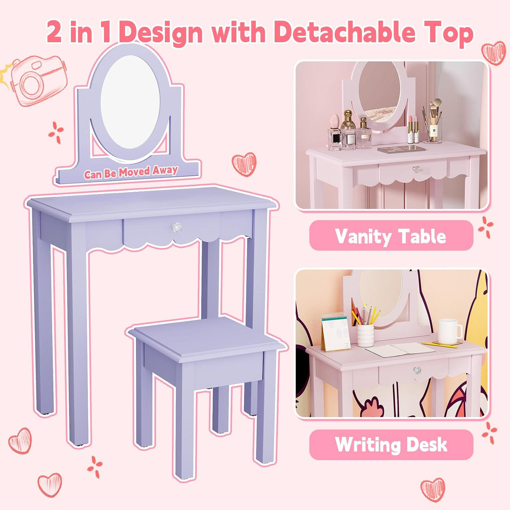 HLR Kids Vanity Set with Mirror Stool and Drawer for Little Girls, Purple | Girls Vanity Set, Wooden 2 in 1 Princess Makeup Desk Dressing Table with Detachable Top, Toddler Vanity Dresser Set