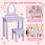HLR Kids Vanity Set with Mirror Stool and Drawer for Little Girls, Purple | Girls Vanity Set, Wooden 2 in 1 Princess Makeup Desk Dressing Table with Detachable Top, Toddler Vanity Dresser Set