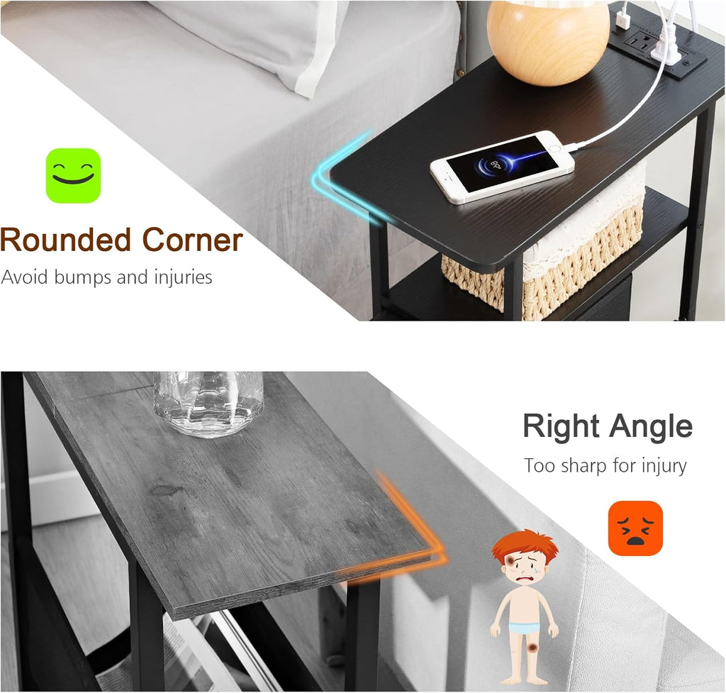 LOAKEKEL Narrow End Table Living Room with Charging Station, Skinny Side Table with Fabric Drawers, Slim Nightstand for Bedroom, Small Spaces, Couch, Black, HETNDP02BK-1
