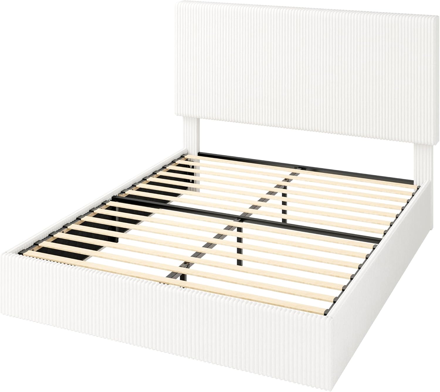 Allewie Queen Bed Frame, Adjustable Corduroy Headboard, Platform, White