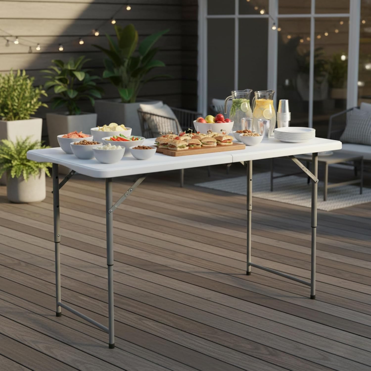 FurnitureR Adjustable Folding Table 4FT, Plastic Utility Table with 3 Height Settings, Fold-in-Half with Handle, Foldable and Portable for Indoor Outdoor Picnic Camping Party, White