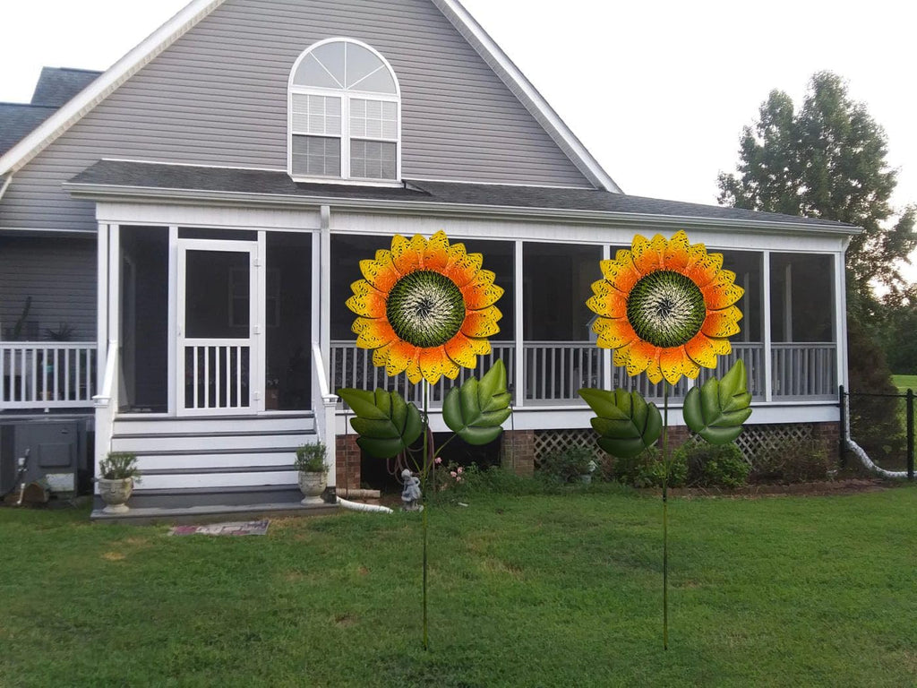 Outdoor Metal Sunflower Stakes, 40 Inch Height, 13 Inch Flower Head, Garden Decor, Set of 2