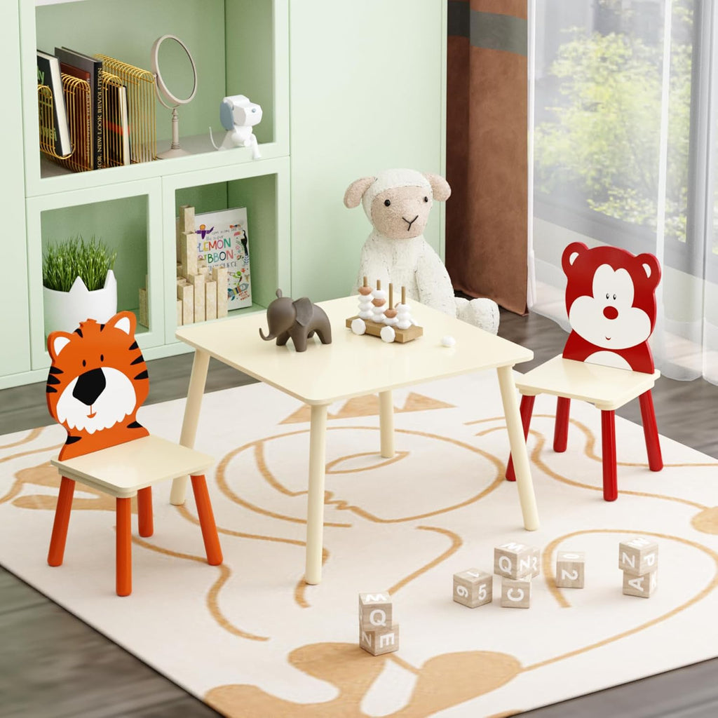 3 Pieces Toddler Table and Chair Set, Tiger & Bear Pattern Solid Wood Legs Heavy Duty Boys and Girls Activity Play Table and 2 Chairs Furniture for Playroom Daycare Kindergarten