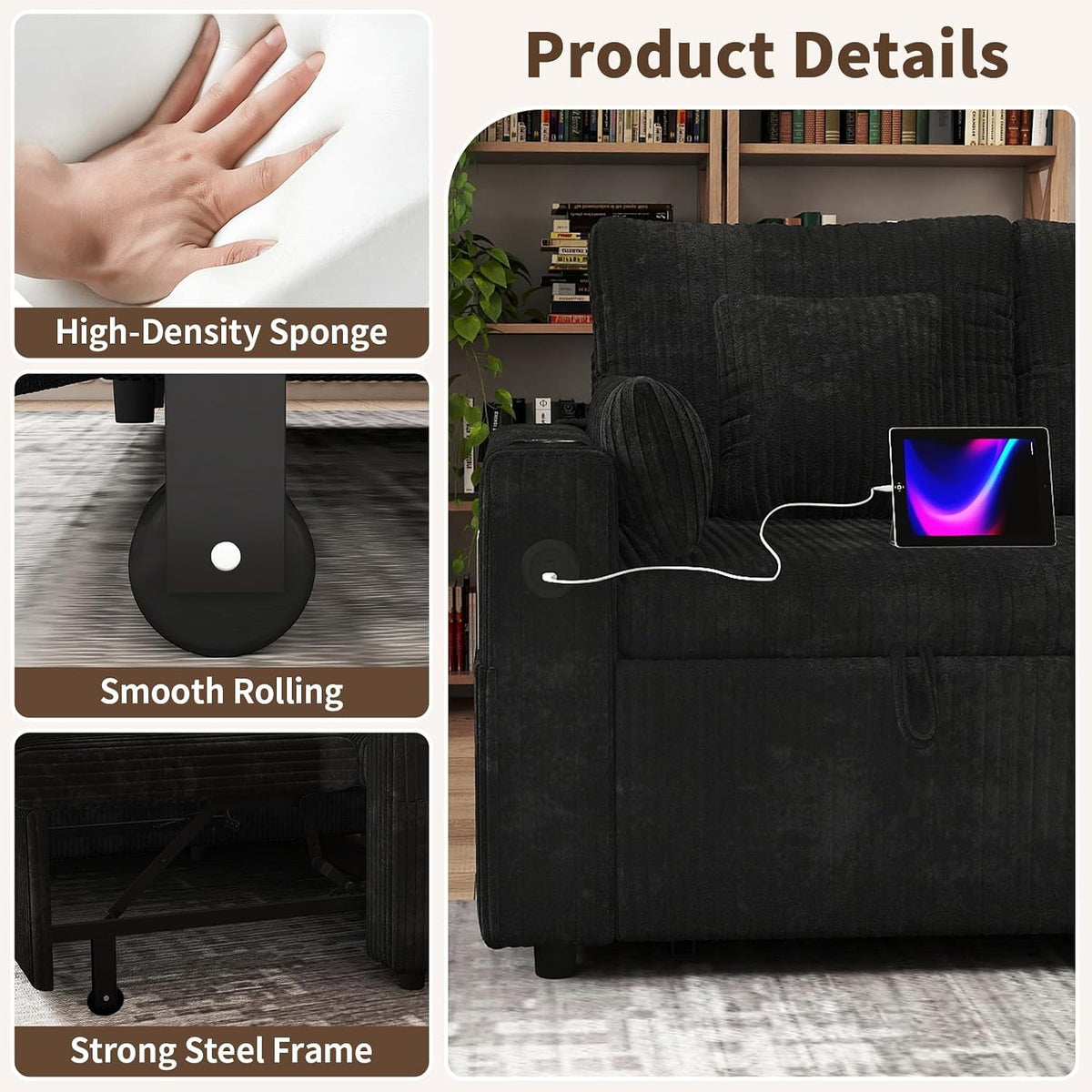 3 in 1 Pull Out Couch, Corduroy L Shaped Couch Sleeper Sofa Bed, Black | Reversible Storage Chaise, Charging Station, Cup Holder, Sleeper Sofa, for Living Room Apartment