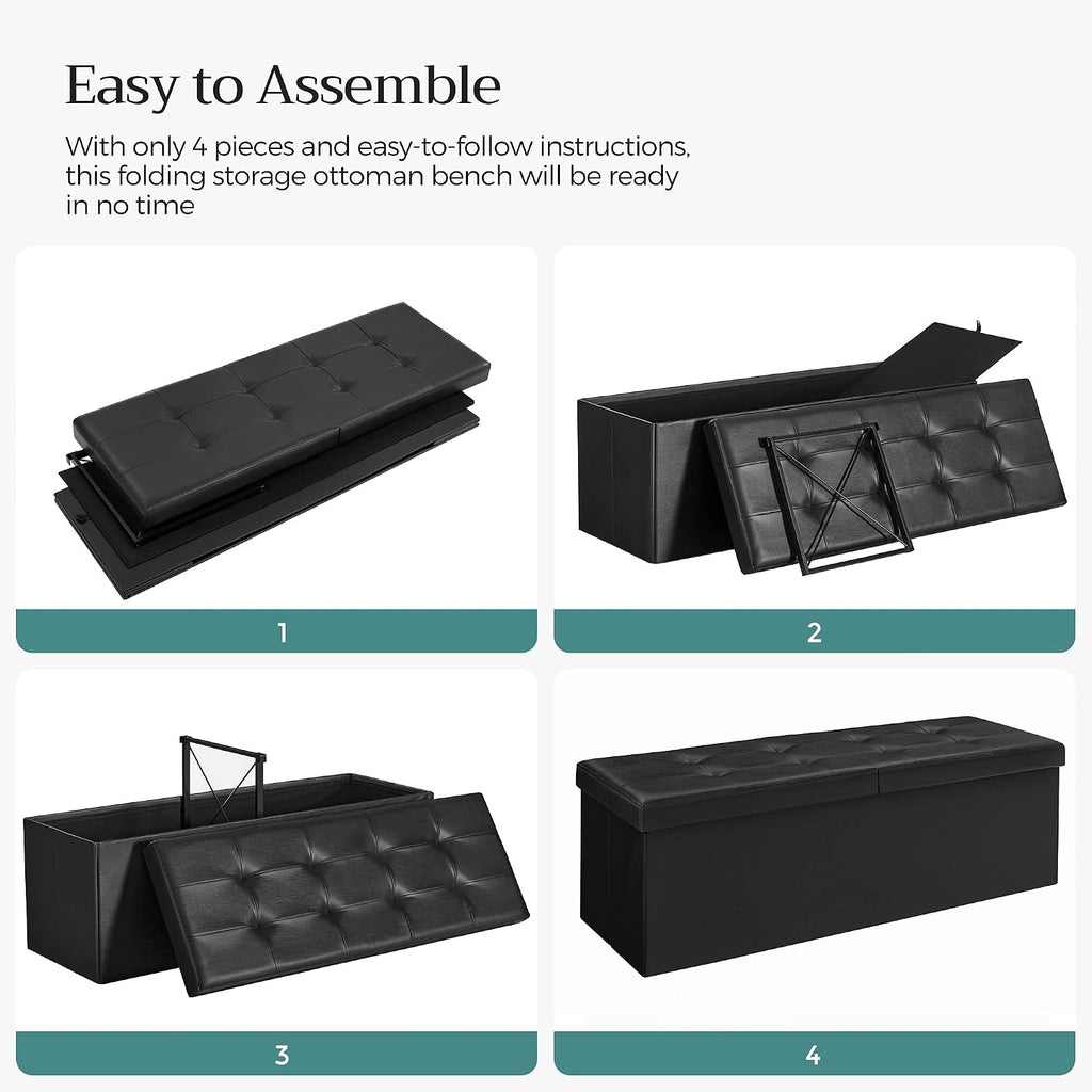 SONGMICS 43.3 Inches Folding Storage Ottoman Bench with Flipping Lid | Storage Chest Footrest Padded Seat, Iron Frame Support, Ink Black, MINOTA Collection ULSF75BK