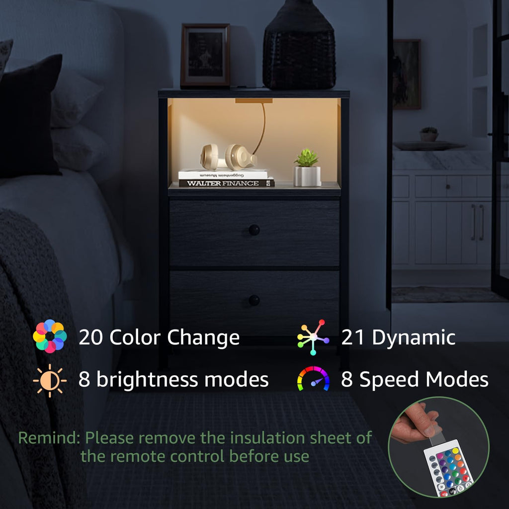 BOLUO Gray Nightstand with Charging Station, LED Night Stand with 2 Fabric Drawers, Bedside Table with USB Ports and Outlets, Nightstand for Bedroom Modern