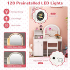 HONEY JOY Kids Vanity with Lights, Little Girls Vanity Set with Mirror and Stool and Lights, Wooden Princess Makeup Dressing Table, Storage Cabinet, Pretend Play Kids Vanity Table and Chair Set(White)
