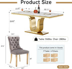 SSLine Modern White Marble Dining Table Set for 4,Luxury 68" Faux Marble Kitchen Table with Velvet Tufted Chairs for 4,5-Piece Dining Room Table Set with Gold Stainless Steel U-Shape Base