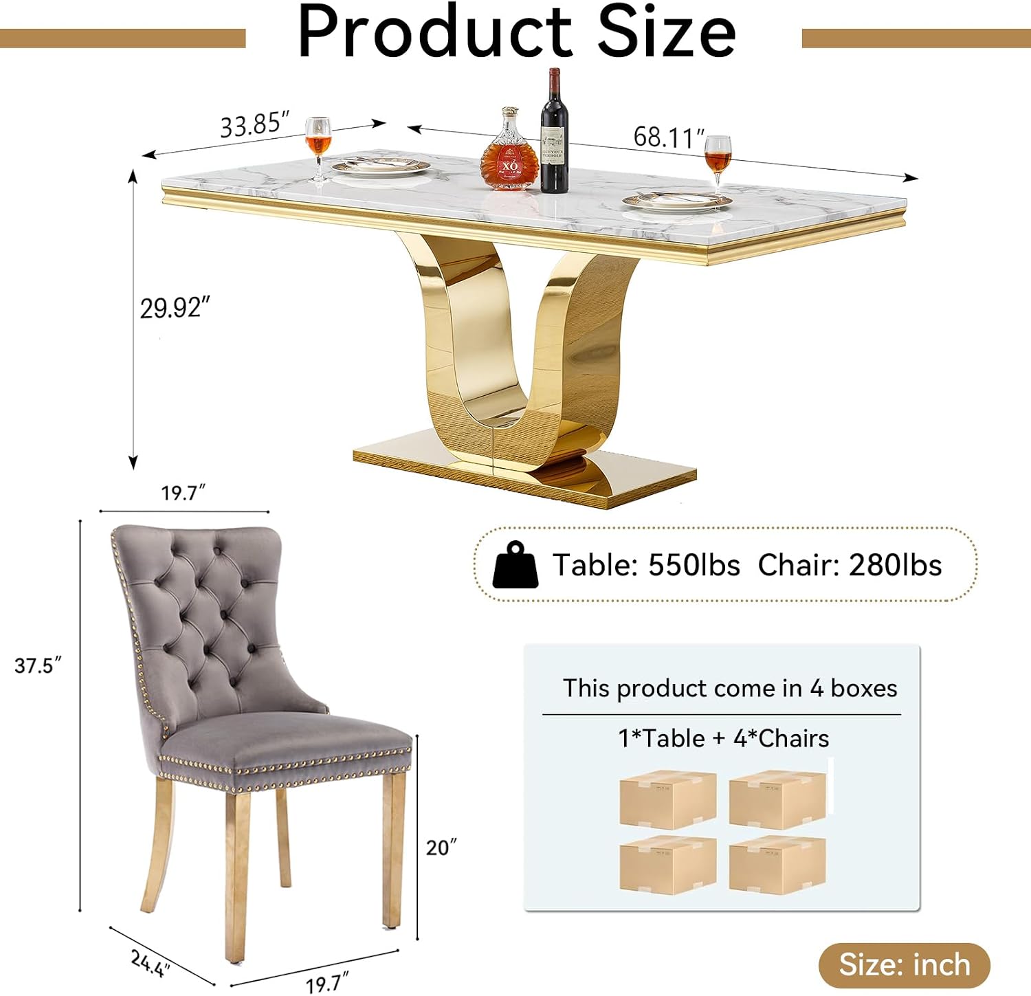 SSLine Modern White Marble Dining Table Set for 4,Luxury 68" Faux Marble Kitchen Table with Velvet Tufted Chairs for 4,5-Piece Dining Room Table Set with Gold Stainless Steel U-Shape Base