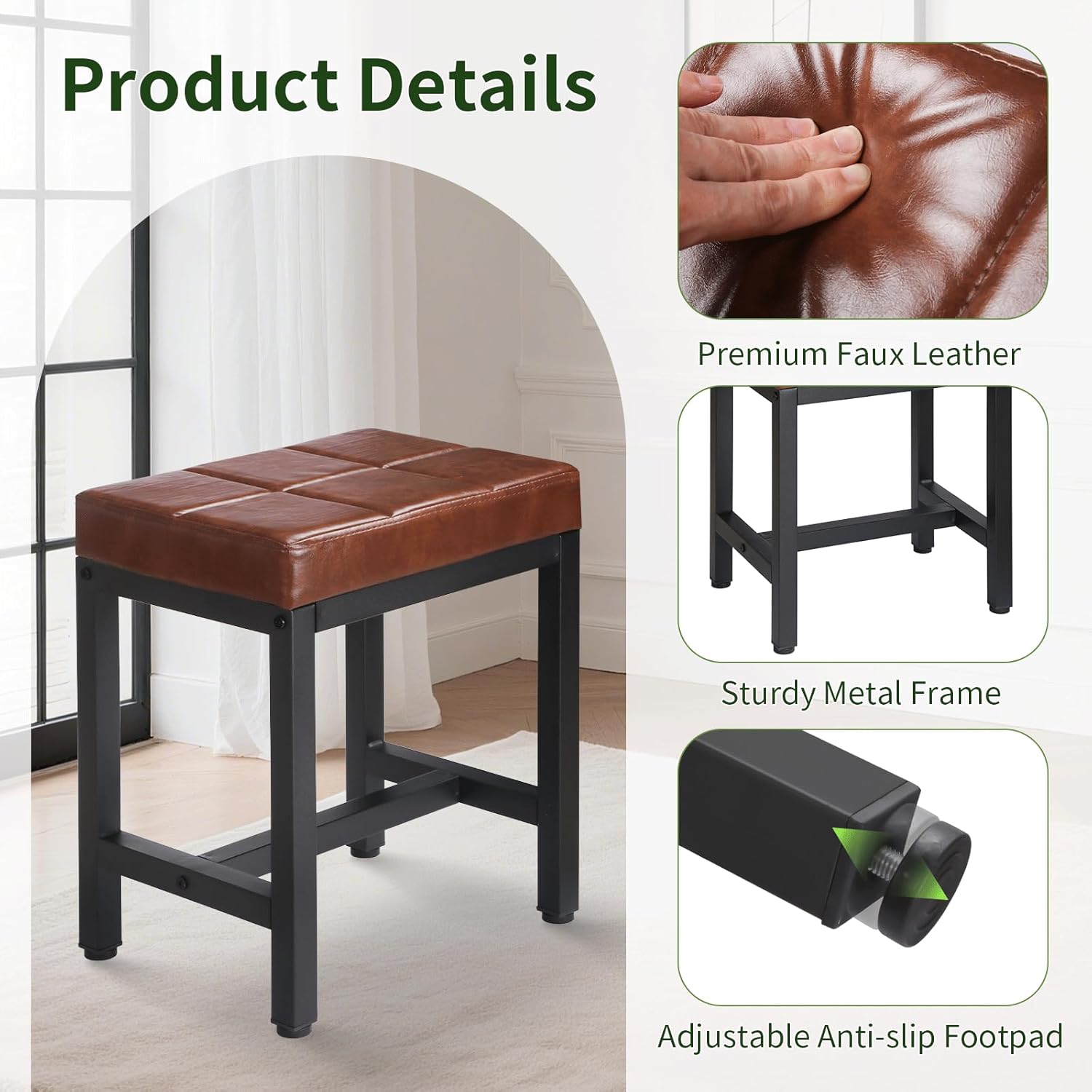 Vanity Stool, Vanity Chair for Makeup Room, Square Faux Leather Small Ottoman Foot Stool with Metal Legs, Modern Makeup Chair for Bedroom, Living Room, Brown
