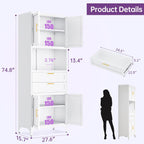 75" Tall Food Kitchen Pantry Cabinet,Tall Bathroom Storage Cabinet with 4 Doors and Shelves & 2 Drawers, Freestanding Cupboard for Living Room/Bathroom (White)