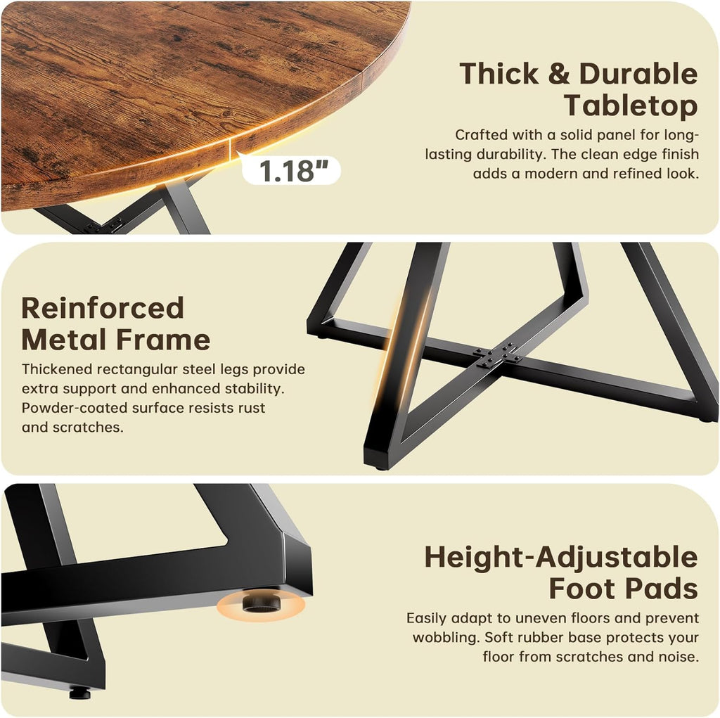 Concho 55" Round Kitchen Table for 4-6, Circle Dining Dinner Table with Pedestal Metal Frame, Space Saving Wood Kitchen & Dining Room Furniture, Rustic Brown