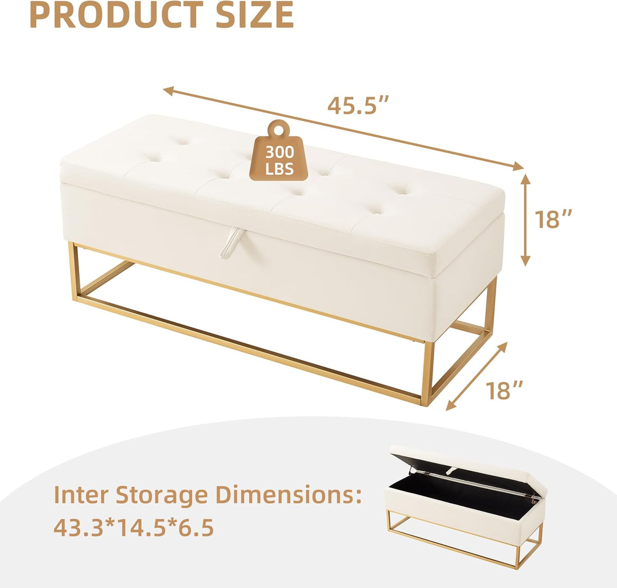 46" End of Bed Bench, Storage Bench with Metal Base Holds up to 500 lbs, Button Tufting Design Velvet Upholstered Bedroom Bench for End of Bed, Livingroom, Entryway, Window, Beige