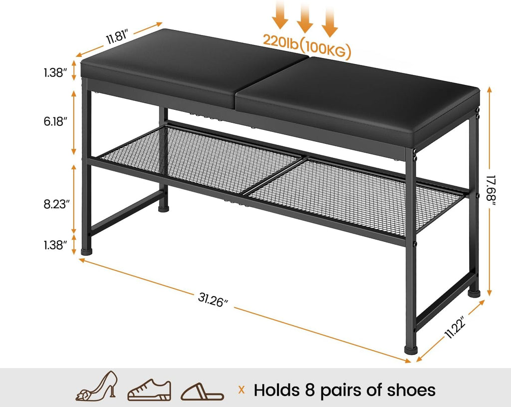 DAOUTIME Shoe Rack Bench, 2-Tier Shoe Storage Organizer with PU Seat Cushion, Entryway Bench with Height-Adjustable Metal Mesh Shelves, Modern Bench Seat for Bedroom Living Room Hallway Foyer, Black