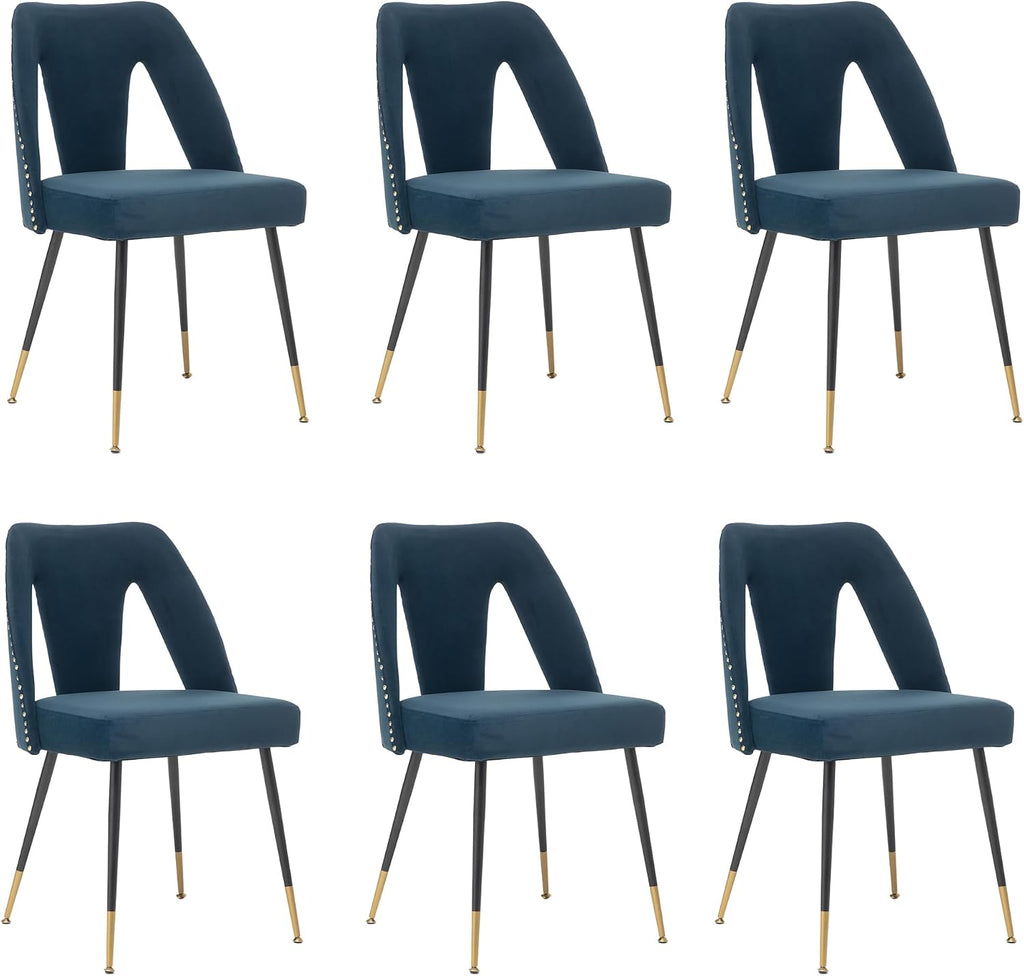 Aoowow Modern Dining Chairs Set of 6, Velvet Upholstered Side Chairs with Nailheads and Gold Tipped Black Metal Legs,Blue (Blue)