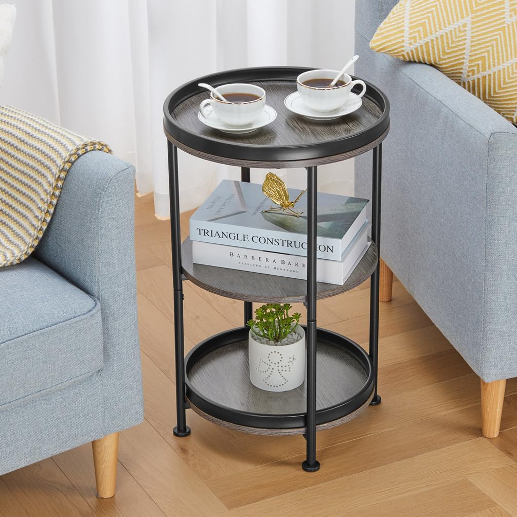 Dulcii Round Side Table with 3 Shelves for Living Room, Bedroom Nightstand with Steel Frame for Small Spaces, Industrial Round Sofa Table (Classic, Grey)