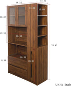 70.87" Kitchen Pantry Cabinet with Microwave Stand, Multi-Tier Pull-Out Storage Shelf, 4-Tier Side Shelf & Glass Door, Freestanding Food Hutch Buffet Sideboard for Dining Room, Walnut