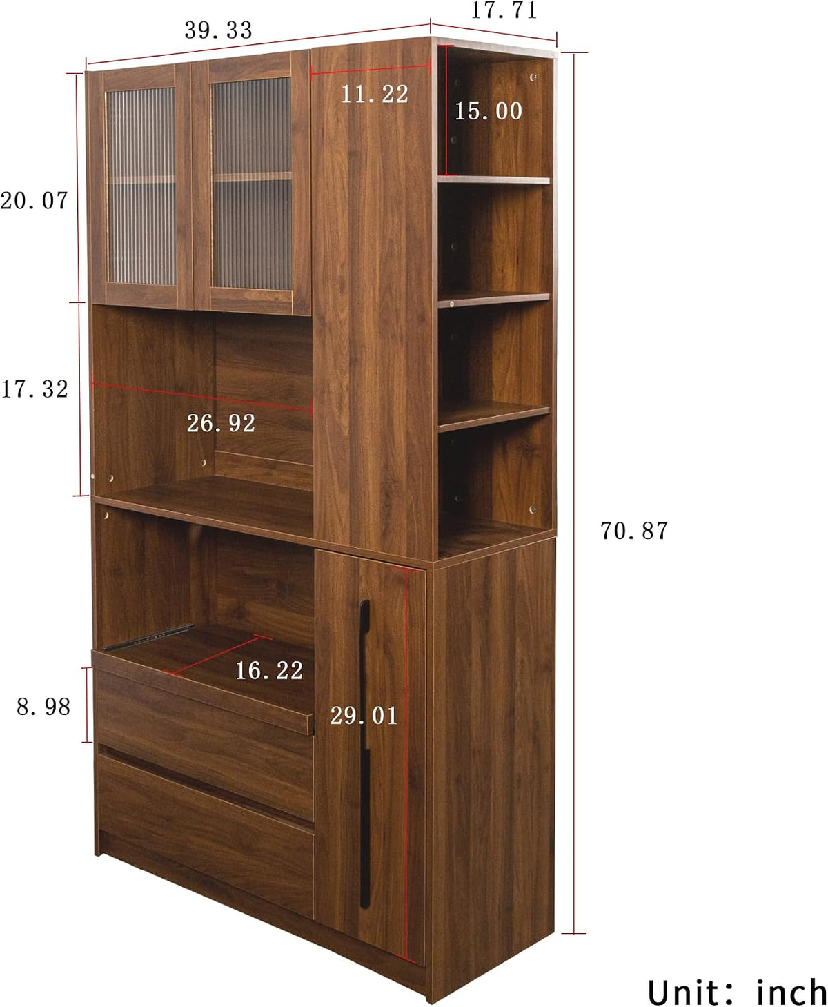 71" Tall Kitchen Pantry Cabinet with Storage, Farmhouse Kitchen Storage Cabinet with 4-Tier Side Shelf & 2 Drawers, Freestanding Cupboard with Glass Door and Microwave Stand for Dining Room, Walnut