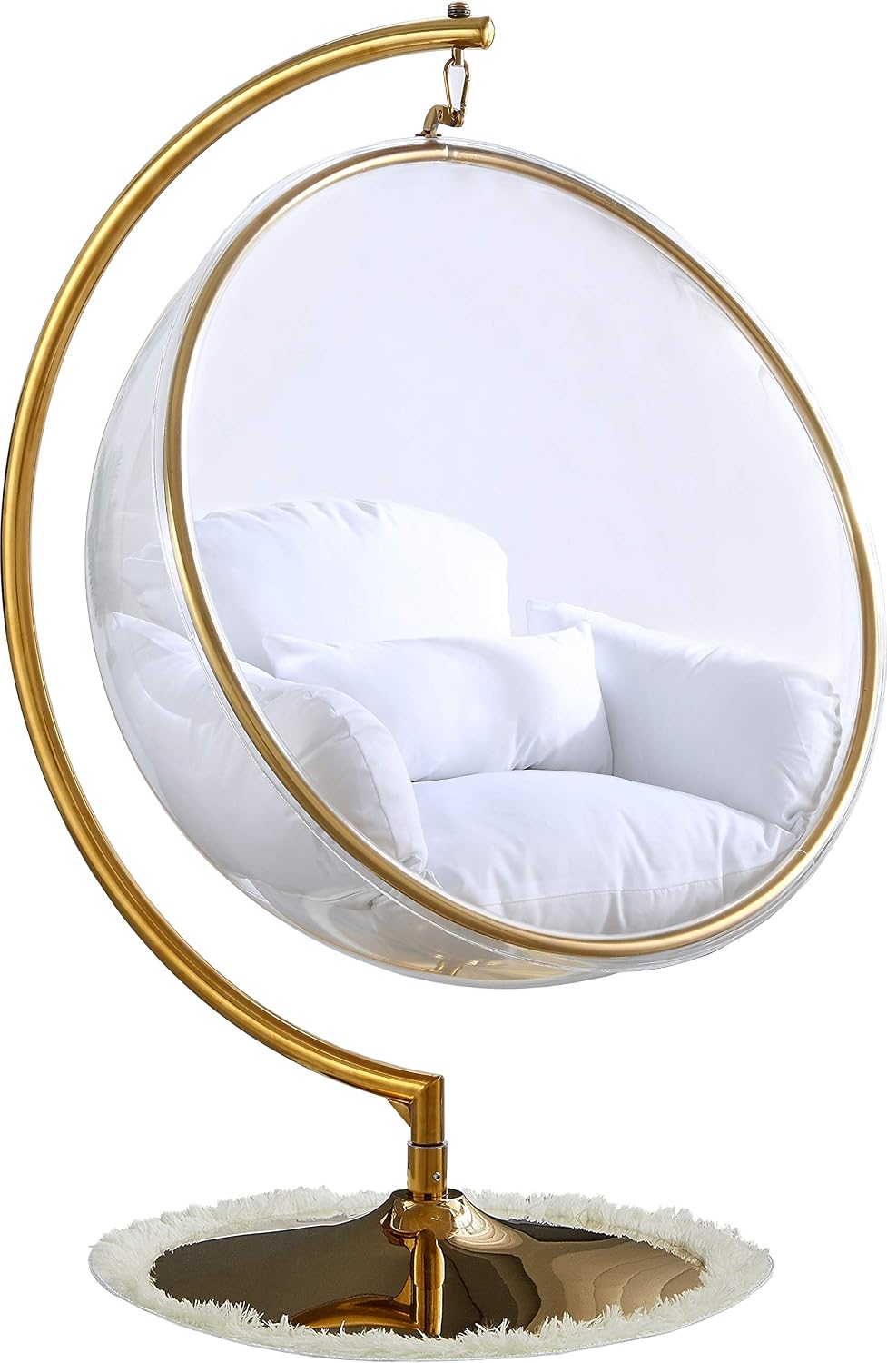 Meridian Furniture Luna Collection Modern | Contemporary Clear Acrylic Accent Swing Chair with Gold Metal Base and Durable Fabric Seat, 41.5" W x 29.5" D x 64" H, White