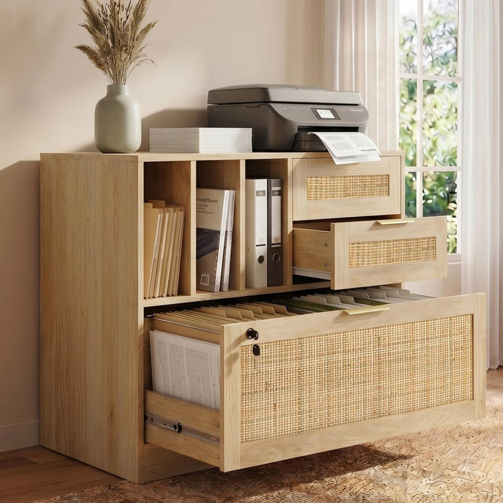 HOPUBUY 3 Drawer File Cabinet with Lock, Wood Rattan Lateral Filing Cabinet for Home Office, Printer Stand with 3 Open Shelves for Letter/Legal/A4/F4 Size, Adjustable Hanging Bars, Natural Wood