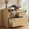HOPUBUY 3 Drawer File Cabinet with Lock, Wood Rattan Lateral Filing Cabinet for Home Office, Printer Stand with 3 Open Shelves for Letter/Legal/A4/F4 Size, Adjustable Hanging Bars, Natural Wood