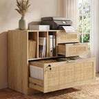 HOPUBUY 3 Drawer File Cabinet with Lock, Wood Rattan Lateral Filing Cabinet for Home Office, Printer Stand with 3 Open Shelves for Letter/Legal/A4/F4 Size, Adjustable Hanging Bars, Natural Wood