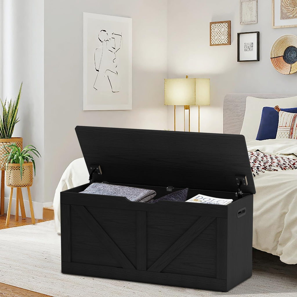 Timberer 39.4" Storage Chest, Wooden Storage Bench, Large Storage Trunk | Entryway Shoes Bench with 2 Safety Hinges, for Living Room, Bedroom, Black