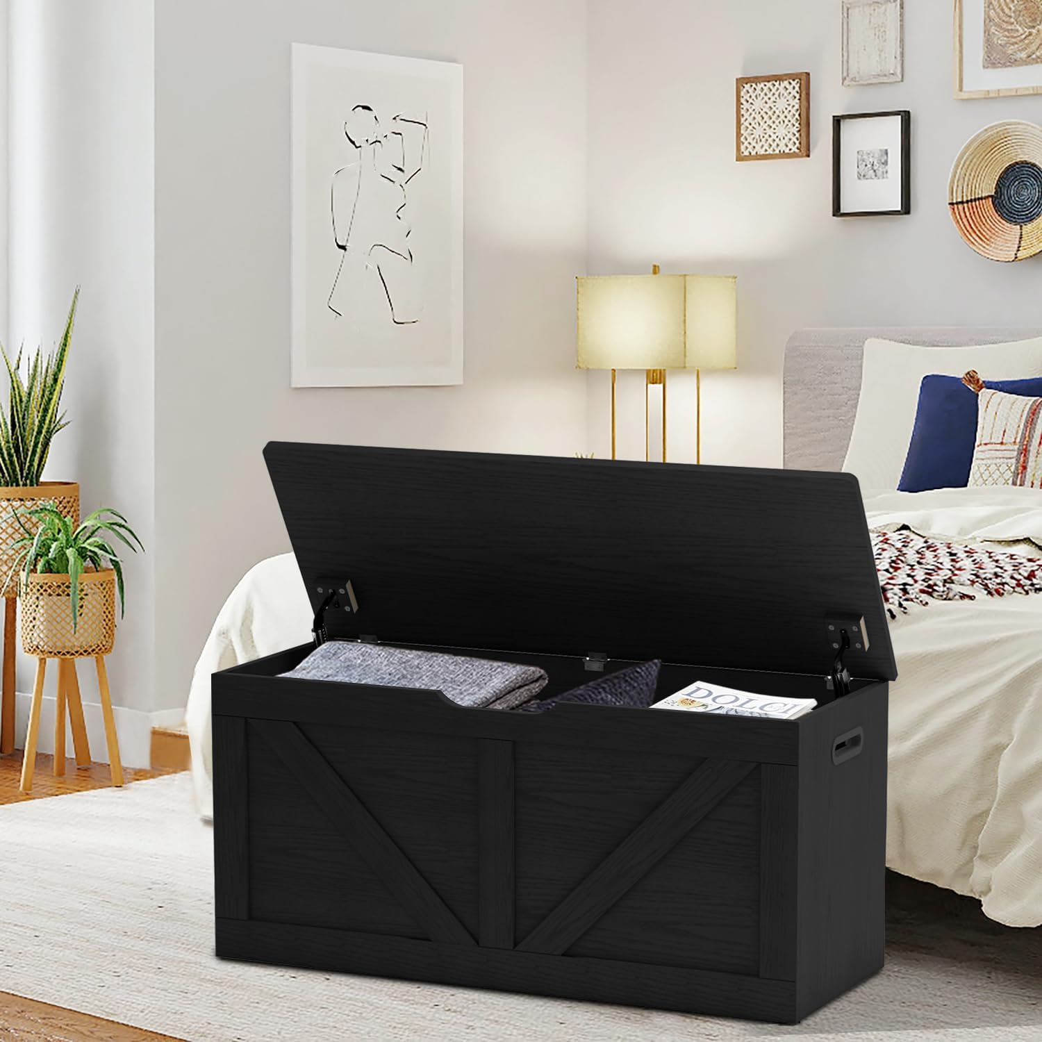 Timberer 39.4" Storage Chest, Wooden Storage Bench, Large Storage Trunk | Entryway Shoes Bench with 2 Safety Hinges, for Living Room, Bedroom, Black