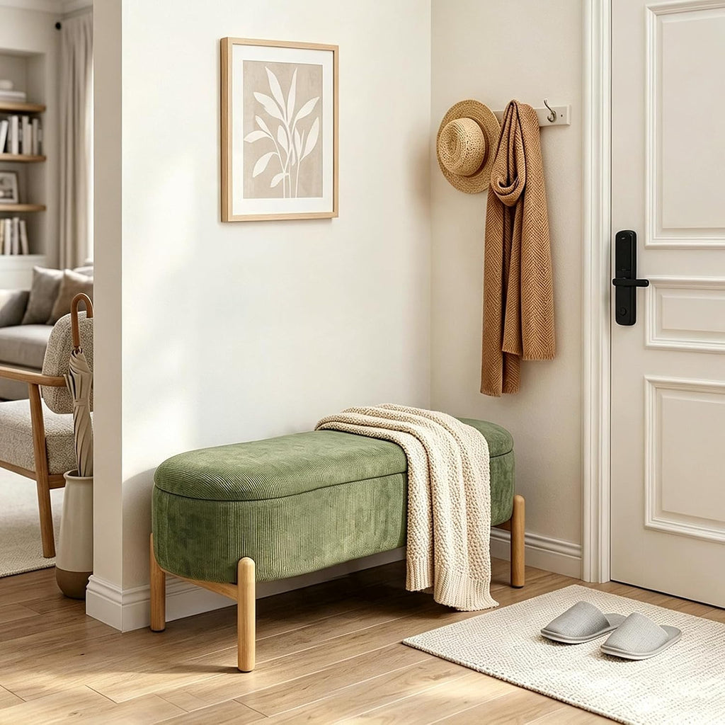 Storage Bench Ottoman With Hidden Storage And Corduroy Fabric, Green | Oval Upholstered Bench For Bedroom, Living Room, Entryway, Or Under Window With Soft Seat, Safety Hinge, And Wood Legs