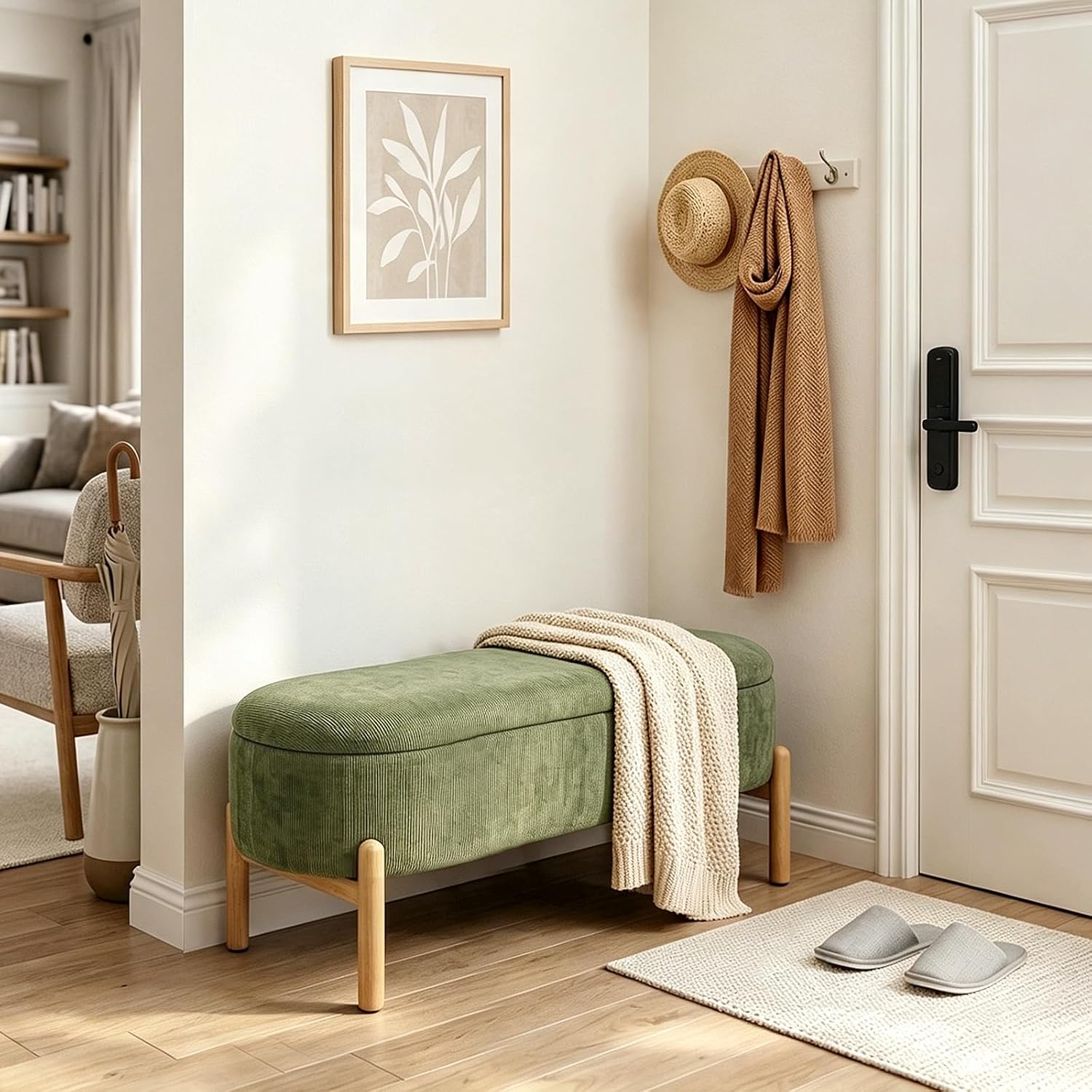 Storage Bench Ottoman With Hidden Storage And Corduroy Fabric, Green | Oval Upholstered Bench For Bedroom, Living Room, Entryway, Or Under Window With Soft Seat, Safety Hinge, And Wood Legs