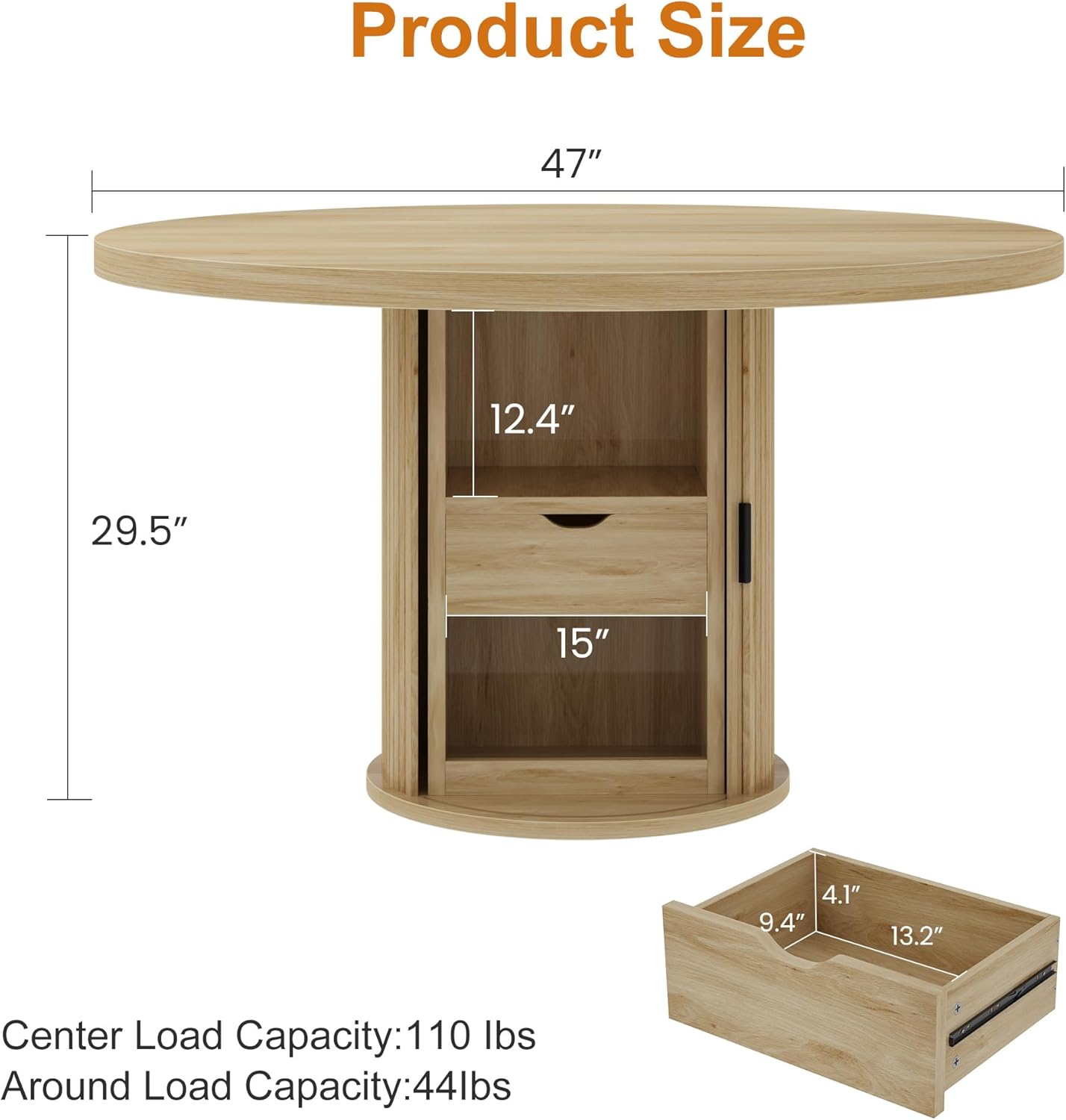 IDEALHOUSE 47" Round Dining Table for 4-6, Modern Farmhouse Kitchen Table with 2-Layer Storage Shelf & Drawer, Wooden Circle Dining Tables with Fluted Pedestal Base, Natural